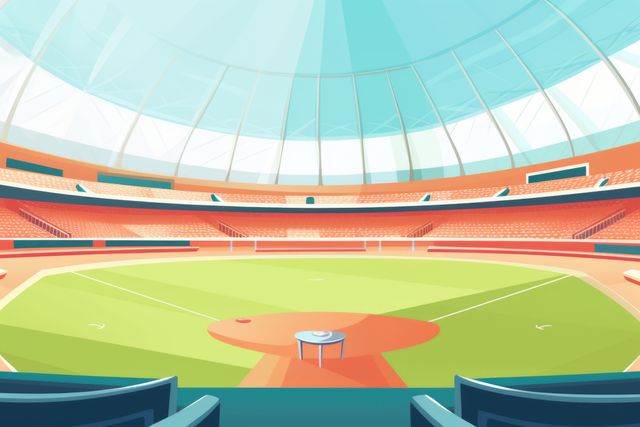 Empty baseball stadium with bright natural lighting, viewed from seating area. Perfect for sports-related articles, event promotions, and stadium reviews. The stadium’s large seating capacity and well-maintained field highlight its suitability for major sports events.