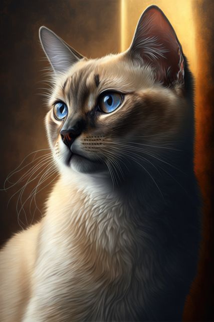 A close-up portrait of a Siamese cat with striking blue eyes bathed in warm sunlight. This image highlights the cat's detailed fur and thoughtful expression. Ideal for use in pet-related advertisements, cat lover merchandise, and educational materials about Siamese breed characteristics.