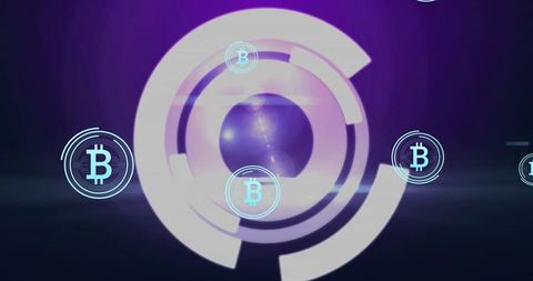 Futuristic bitcoin visualization with pulsing concentric rings and purple orb hologram