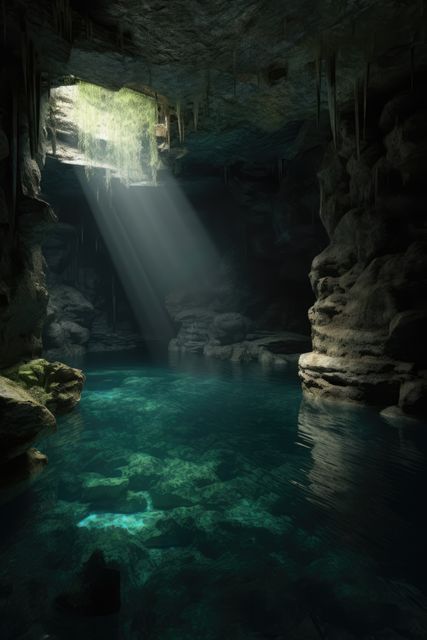 Sunlight filters through an opening in the ceiling of an underground cave, illuminating a tranquil pool of clear water. The interplay between light and shadows creates a serene and mysterious atmosphere. This image is ideal for nature blogs, articles on exploration and adventure, travel brochures, outdoor activity promotions, and websites looking to evoke a sense of calm and mystery.