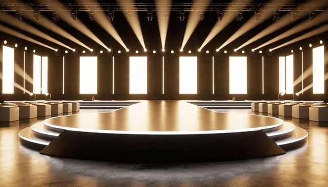 Illuminating Gold Catwalk Featuring Central Runway, LED Panels and Dramatic Stage Lighting