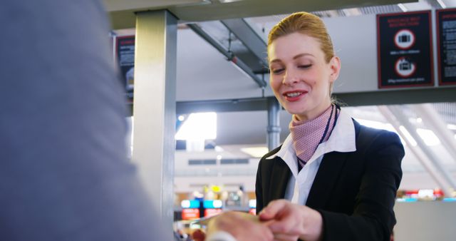 Young female airport staff member assisting a traveler at check-in counter in terminal. Could be used for content related to customer service in airports, travel industry advertisements, or airline hospitality training.
