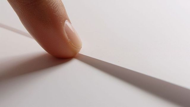 Pressing fingertip revealing thin paper gap casting soft diagonal shadow minimal texture