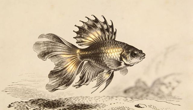 Antique engraved goldfish etching with flowing fins and gilded highlights on aged paper