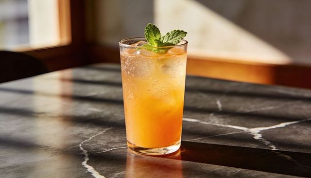 Sunlit sparkling citrus mocktail chilling with ice and mint garnish on marble surface