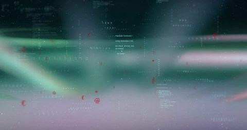 Floating Neon Code Stream with Red Currency and Symbol Glyphs over Cyber Gradient