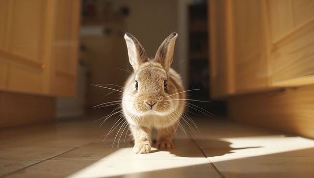 Curious brown rabbit walking toward camera on sunlit wooden kitchen floor