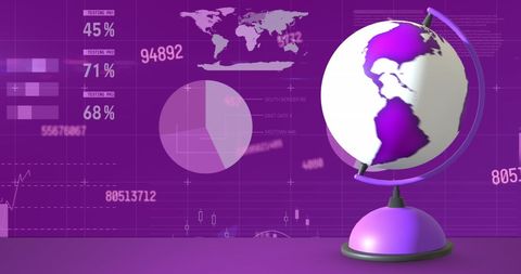 Digital Globe with Data Interface on Purple World Map Background