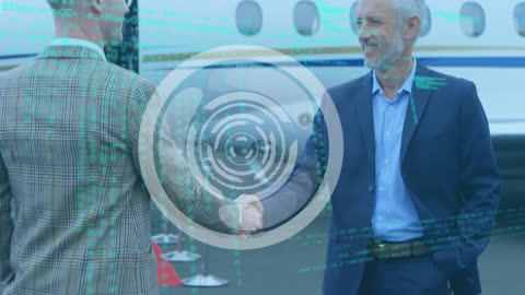 Businessmen Shaking Hands at Airport with Digital Interface Overlay