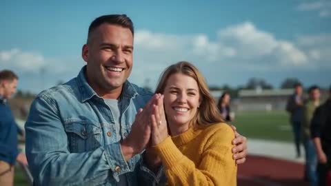 Couple cheering and clapping at weekend track meet, runner crossing finish line, joyful spectators