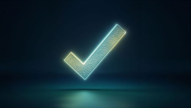 Glowing neon checkmark icon hovering in a dark futuristic space