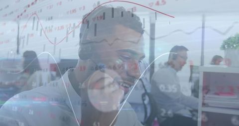 Business Professionals in Call Center with Digital Statistics Interface