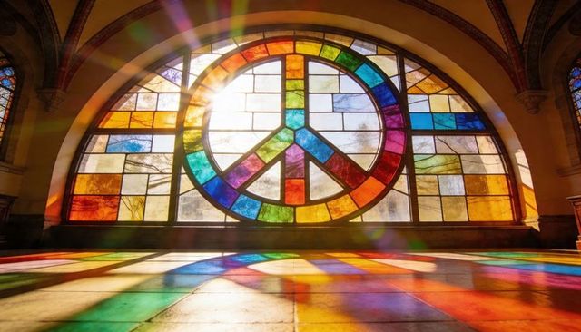 Sunlight pouring through arched stained-glass peace window casting rainbow on tile floor