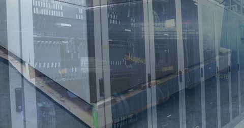 High-tech server room with digital overlays of numbers