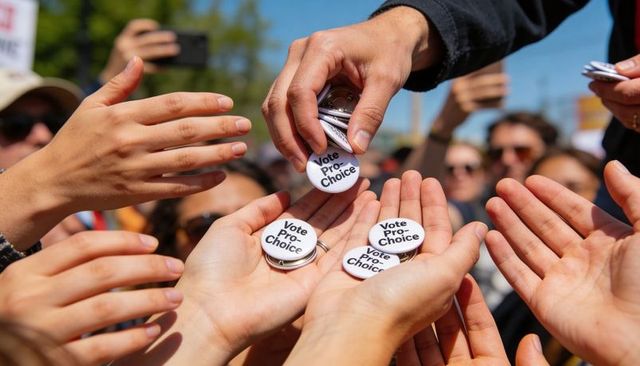 Passing vote pro-choice buttons among supporters at outdoor political rally