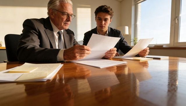 Senior executive mentoring young associate reviewing business documents in boardroom