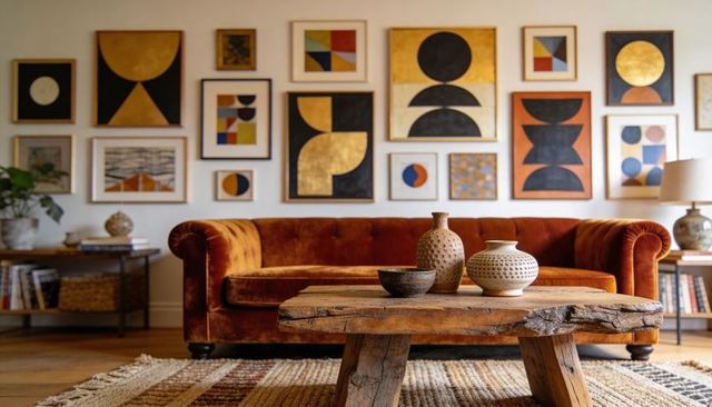Rust velvet sofa anchoring bohemian living room with reclaimed wood table and ceramic vase