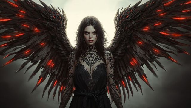 Mystical winged woman with glowing black wings and tattoos