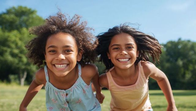 Two girls running and smiling in sunny park during carefree summer play and friendship