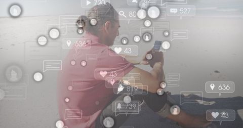 Man engaging with smartphone amid virtual social media connection