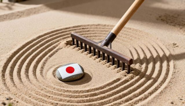 Wood-handled rake creating concentric sand circles around painted pebble with red dot