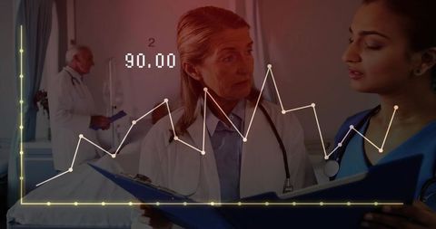 Doctor and nurse reviewing patient data with overlaid analytics graph in hospital ward