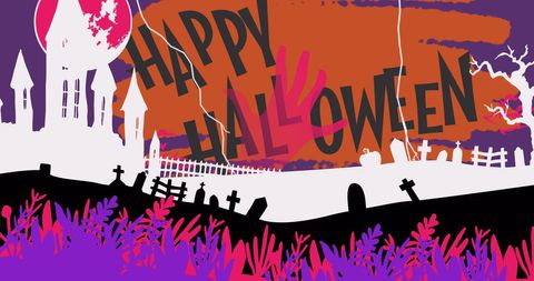 Haunted Graveyard with Happy Halloween Text and Lightning - Download Free Stock Images Pikwizard.com