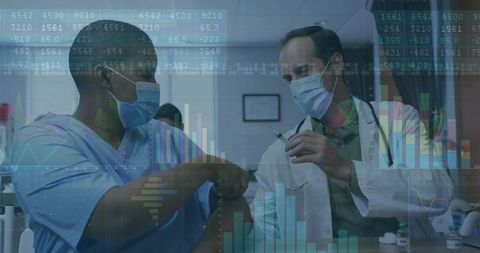 Doctor Administering COVID-19 Vaccine to Patient Wearing Mask with Data Analytics Overlay