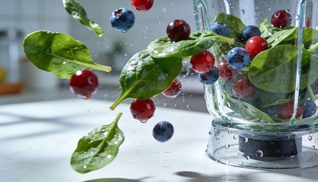 High-speed blender blending spinach and berries with splashing water droplets