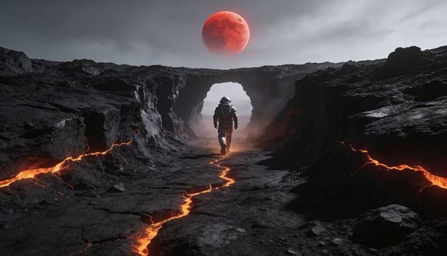 Astronaut walking through lava-fissured alien canyon toward red blood moon archway sci-fi
