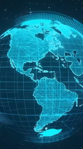 Rotating Wireframe Globe Showing Americas with Scanning Grid and Futuristic HUD Vertical Video
