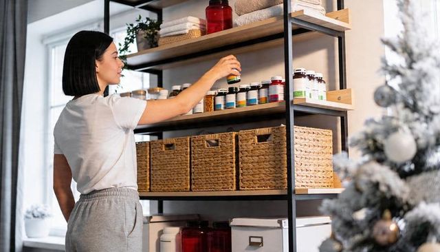 Asian woman reaching for supplement bottle on organized shelving with christmas tree