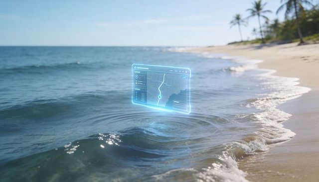 Holographic navigation panel hovering above tropical shoreline showing waypoint marker