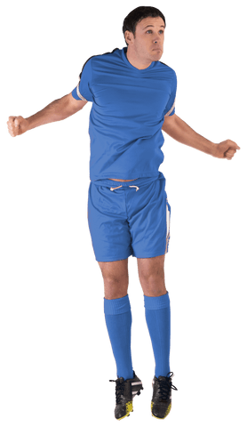 Athletic football player in blue uniform jumping with energy transparent
