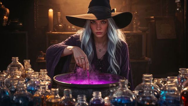 Witch Stirring Mystical Potion in Enchanted Chamber