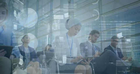 Business professionals analyzing abstract digital data