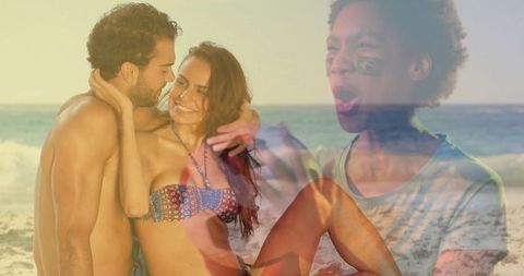 Romantic Couple Embracing on Sunny Beach During Golden Hour