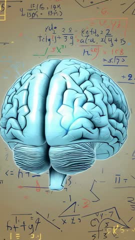 Rotating cyan-blue 3D brain model over formula board | Vertical video for neuroscience