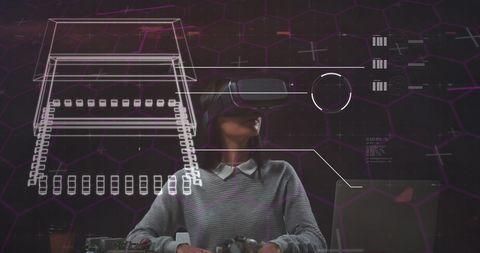 Woman Experiencing Futuristic VR Interface with Digital Graphics