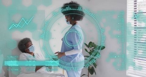 Nurse consulting with elderly patient using tablet in hospital with augmented hud overlay