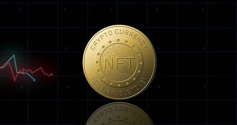 Gold nft coin on futuristic blue grid with circuit detail and red-green market chart trend