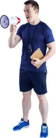 energetic male coach yelling motivations through transparent megaphone - Download Free Stock Videos Pikwizard.com