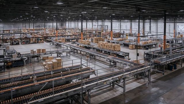 Operating Automated Conveyor Network Moving Cardboard Boxes and Pallets in Large Warehouse