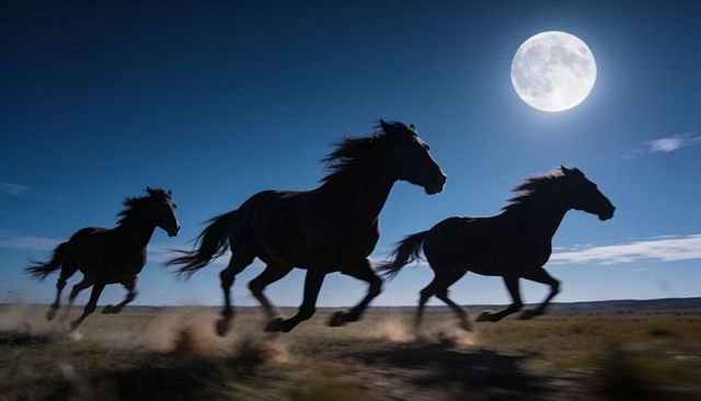 Moonlit wild horses galloping across open prairie at night silhouette of freedom