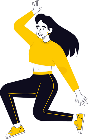 Energetic cartoon woman jumping on transparent background