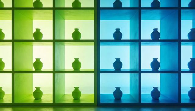 Minimalist duotone shelving grid displaying ceramic vases with green and blue backlighting