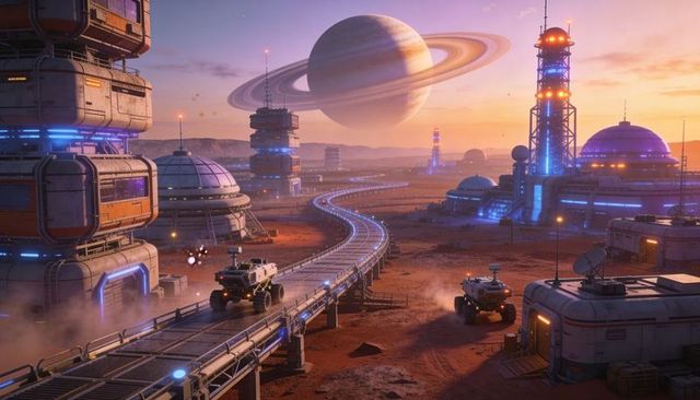 Raised highway guiding rovers through futuristic mars colony under ringed planet sunset