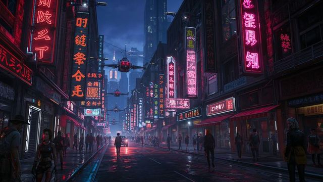 Futuristic neon cityscape with lone figure and drones