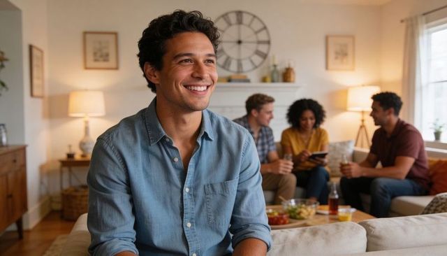 Smiling man relaxing on couch during casual friends gathering in living room with snacks