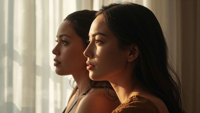 Two women gazing through sunlit window, contemplative profile portrait with warm backlight